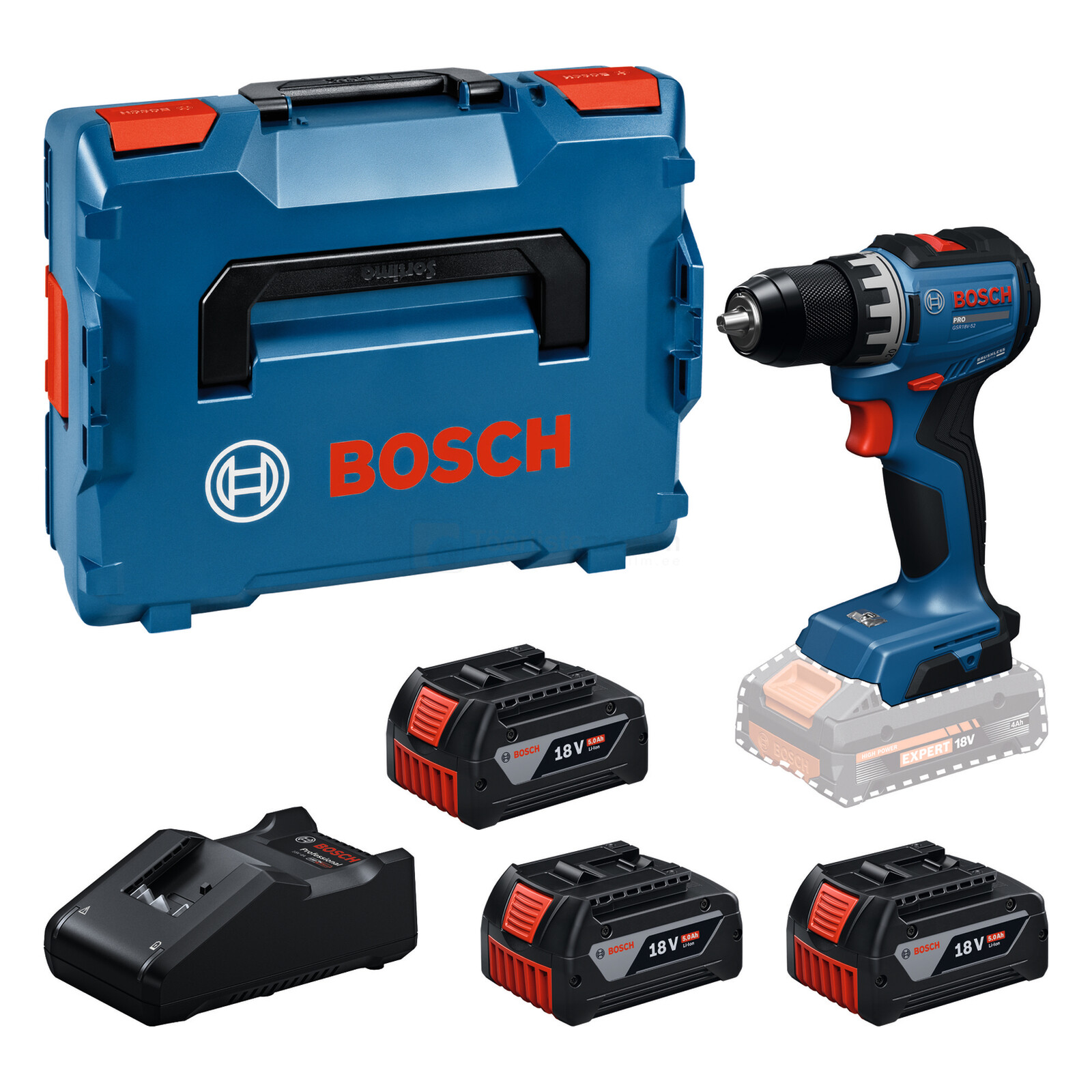 Pildil on näha Bosch akutrell GSR 18V-52 koos kolme 5,0 Ah akuga, laadija ja sinise Bosch tööriistakohvriga.